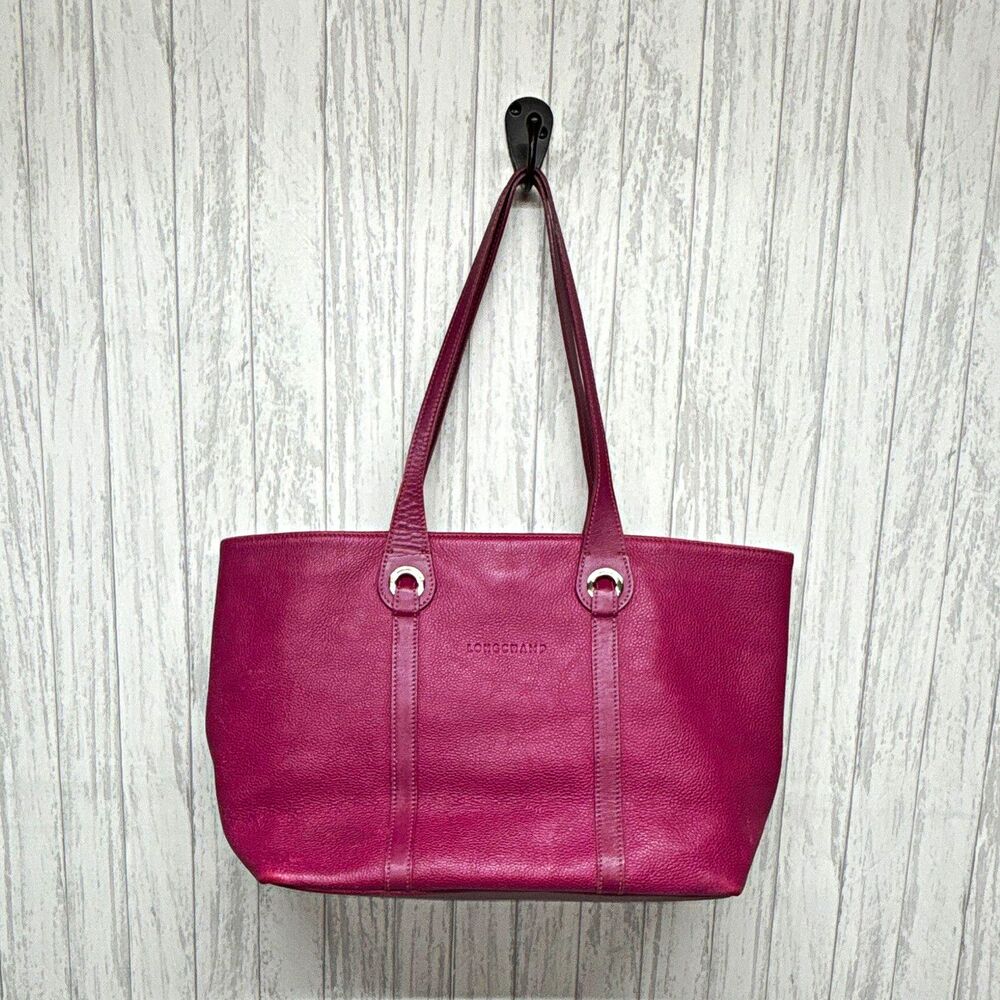 Longchamp Womens Fuschia Pebbled Tote Zip Snap Silver Hardware